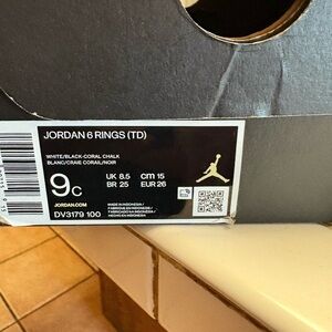 Jordan 6 Rings TD in White, Black, and Coral